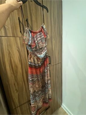 Bohemian Off-Shoulder Maxi Dress in Red, Blue & Brown